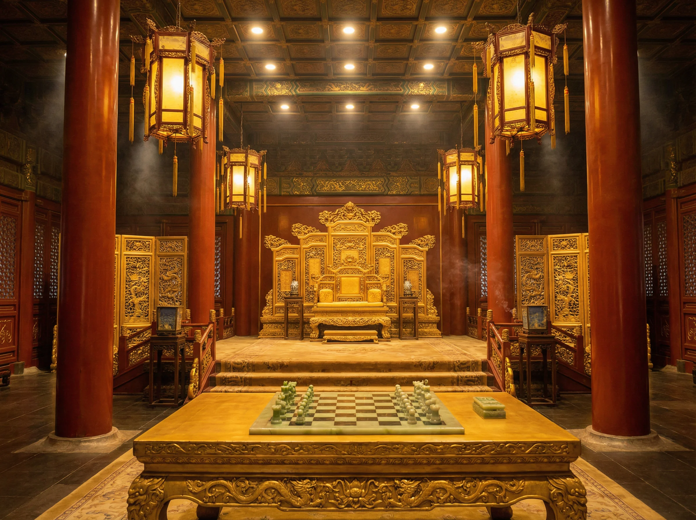 紫禁城金銮殿内景与棋盘 - j9棋牌 帝王弈道